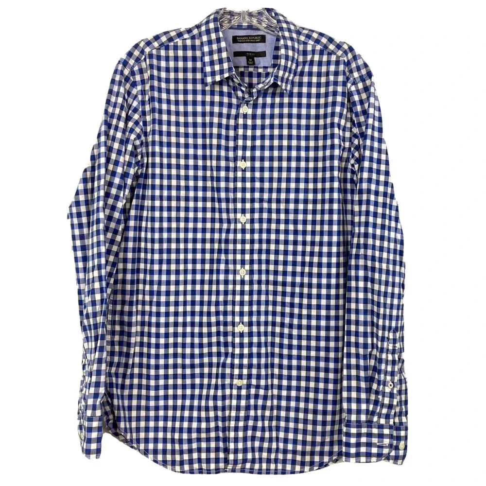 Banana Republic Shirt Mens Sz M Blue White Plaid Slim Fit Cotton Button Down